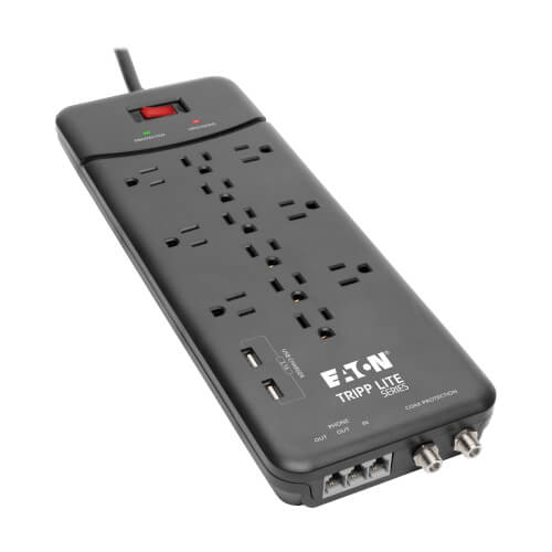 Tripp Lite series Protect It! 12-Outlet Surge Protector, 8 ft. (2.43 m) Cord, 4320 Joules, Tel/Modem/Coax Protection, 2 USB Ports, Black